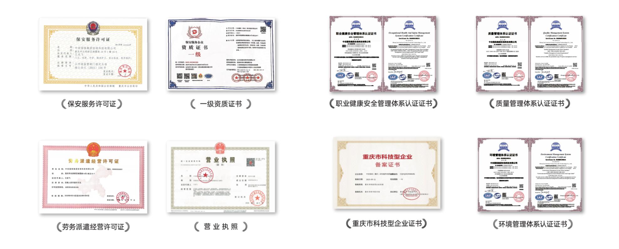 资质认证拼版：保安服务许可证、保安服务企业资质证书、劳务派遣经营许可证、营业执照、科技型企业备案及职业健康安全、质量、环境管理体系认证。